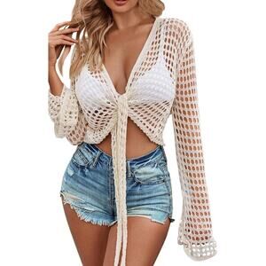Women’s Crochet Knit Tie Front Sheer Cardigan Long Sleeve Crop Top Cover Up L